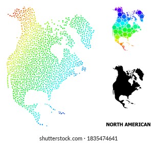 Dotted spectrum, and solid map of North America, and black caption. Vector structure is created from map of North America with round dots. Illustration is useful for political purposes.