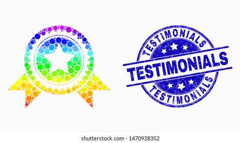 Dotted spectrum star stamp with ribbons mosaic pictogram and Testimonials seal stamp. Blue vector rounded distress seal stamp with Testimonials phrase. Vector composition in flat style.