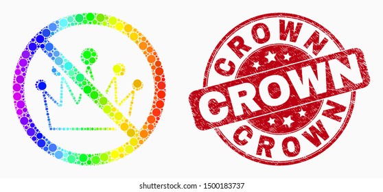 Dotted spectrum stop crown mosaic pictogram and Crown watermark. Red vector rounded distress watermark with Crown phrase. Vector composition in flat style.