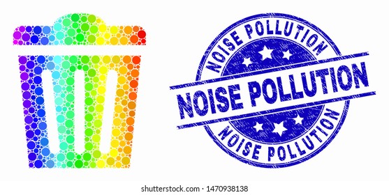 Dotted spectrum trashcan mosaic pictogram and Noise Pollution stamp. Blue vector round grunge seal stamp with Noise Pollution phrase. Vector collage in flat style.