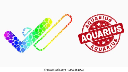 Dotted spectrum valid ticks mosaic icon and Aquarius seal stamp. Red vector rounded grunge seal with Aquarius text. Vector combination in flat style.