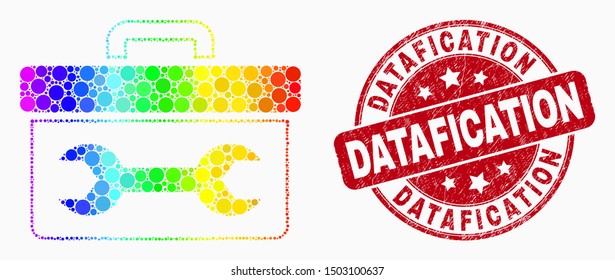Dotted spectrum wrench toolbox mosaic icon and Datafication stamp. Red vector round grunge watermark with Datafication caption. Vector combination in flat style.