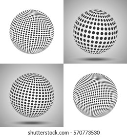 Dotted sphere. Abstract 3D background. Set of vector spheres with different sizes of dots. Techno design globe element isolated on white and gradient background. Halftone ball shape.