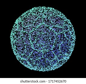 Dotted sphere, globe made of particles on dark background. Conceptual abstract image of high tech systems, science, cosmic bodies.