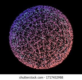 Dotted sphere, globe made of particles on dark background. Conceptual abstract image of high tech systems, science, cosmic bodies.