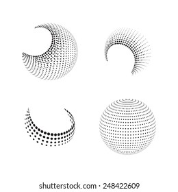 Dotted spheres logo concept. Circle icon elements. Vector halftone illustrations.