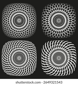 Dotted spiral circles. Grayscale radial design. Abstract halftone effect. Vector geometric pattern.