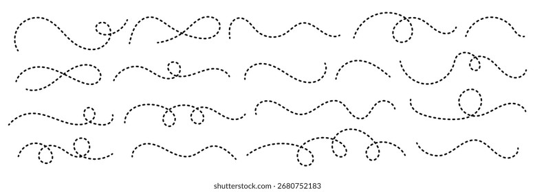 Línea de curva espiral punteada. Elegante diseño de divisor y borde dibujado a mano. Colección de línea de remolino ondulado Abstractas. Conjunto de líneas de doodle dibujado a mano estilo punto limpio. Trazado de líneas punteadas de viaje.