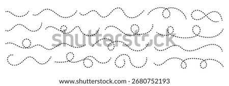 Dotted Spiral Curve Line. Elegant Hand Drawn Divider and Border Design. Abstract Wavy Dotted Swirl Line Collection. Clean dot style hand drawn doodle line set. Travel dotted line tracing.