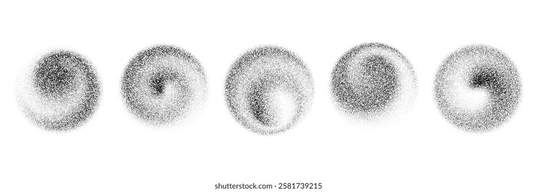 Dotted spiral gradient shapes. Black stippled swirl object set. Grainy spray circles collection. Noise wave splashes and splatters forms. Dissolving sand dust texture. Vector fading halftone elements