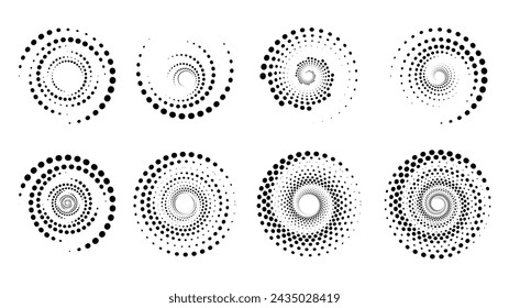 Dotted spiral halftone circle collection. geometric design for for frame, logo, tattoo, web pages, prints