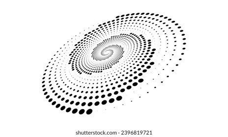 Dotted spiral lines element. Radial spinning halftone texture. Circle swirl dots shape in perspective. Abstract background for poster, banner, logo, icon, collage, tattoo, tag. Vector illustration