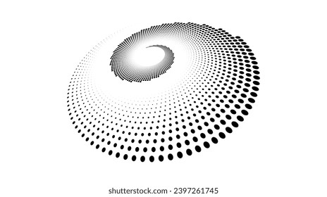 Elemento de líneas de espiral punteadas. Textura de medio tono de hilatura radial. Los puntos giratorios del círculo se dan en perspectiva. Fondo abstracto para afiche, pancarta, logotipo, icono, collage, decoración, etiqueta, emblema. Vector