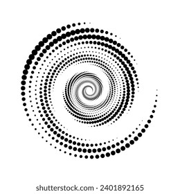 Dotted spiral lines element. Radial spinning halftone form. Circle swirl dots shape. Abstract geometric background for poster, banner, logo, icon, collage, presentation, booklet. Vector illustration