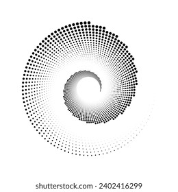 Dotted spiral lines element. Radial spinning halftone form. Circle swirl dots shape. Abstract geometric concept for poster, banner, logo, icon, collage, brochure, presentation, booklet. Vector sign