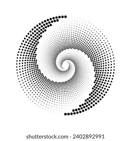 Elemento de líneas de espiral punteadas. Forma de semitono de hilatura radial. Forma de los puntos giratorios del círculo. Resumen de fondo geométrico medio-tono para afiche, banner, logo, icono, presentación, folleto. Arte óptico del vector