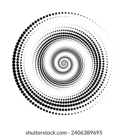 Elemento de líneas de espiral punteadas. Forma de semitono radial helix. Forma de los puntos giratorios del círculo. Rueda geométrica giratoria para afiches, banner, logotipo, icono, collage, presentación, folleto. Arte óptico del vector