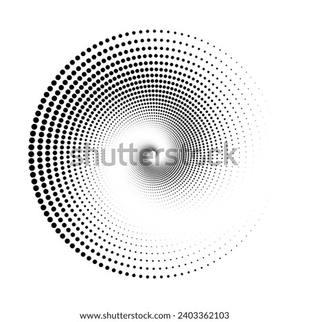 Dotted spiral lines element. Radial spinning halftone form. Circle swirl dots shape. Abstract halftone geometric sign for poster, banner, logo, icon, presentation, booklet. Vector optical art