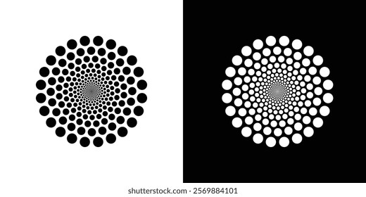 Dotted Spiral Vortex artwork. Dynamic abstract black spiral. White round dotted frames set isolated on background. 