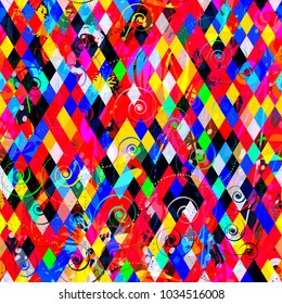 Dotted spirals, spots and rhombus. Bright seamless texture. Abstract vector background for web page, banners backdrop, fabric, home decor, wrapping