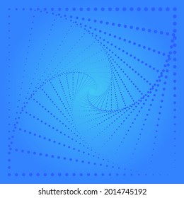 Dotted Square Spiral in Azure on blue gradient background. Pop art style. Trendy abstract halftone composition can be used for landing pages, posters, brochures, flyers, banners, prints, promotions.