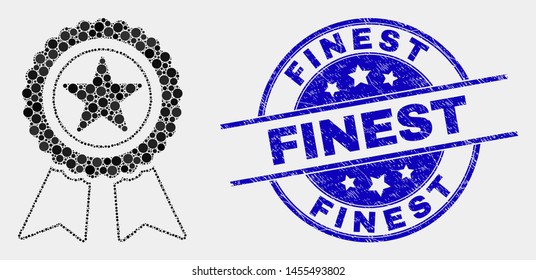 Dotted star award mosaic pictogram and Finest seal stamp. Blue vector round textured seal with Finest phrase. Vector composition in flat style.