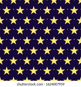 Dotted star geometric seamless pattern vector background. A hand drawn illustration with blue, and golden colors on isolated white layer. For fabric, cloth, etc. Eps 10 vector, printable colors.