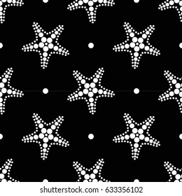 Dotted Starfish seamless pattern. Maritime print. Abstract black and white mosaic background. Vector illustration.