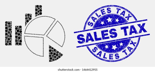 Dotted statistics charts mosaic icon and Sales Tax seal. Blue vector rounded scratched stamp with Sales Tax caption. Vector composition in flat style.
