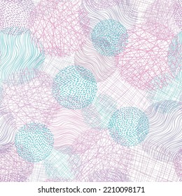 Dotted and striped modern elements with scribble lines. Hand drawn seamless pattern. Pink and blue abstract circle textures. Doodle elements background for fabric, wrapping, wallpaper or cards.
