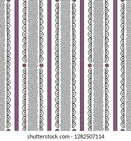Dotted stripes and tracery ornament vector seamless pattern. Hand drawn folkloric background. Elegant ornate texture for surface design, textile, wrapping paper, wallpaper, phone case print, fabric.