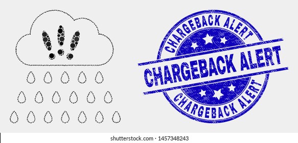 Dotted strong rain clouds mosaic pictogram and Chargeback Alert seal stamp. Blue vector rounded textured seal stamp with Chargeback Alert message. Vector collage in flat style.