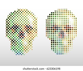 Dotted style skull set. Colorful straight and diagonal positioned dots. T-shirt design.