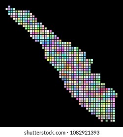 Dotted Sumatra Island map. Vector geographic map in smoothed different colors on a black background. Vector pattern of Sumatra Island map created with regular dots.