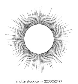 Dotted sunbeam round frame. Black grainy sunburst text template. Textured stipple rays separator and divider. Vintage design elements for labels, badges.