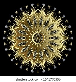 Dotted surface gold silver 3d round mandala pattern. Vector ornamental modern background. Geometric ethnic style design. Textured floral halftone ornament with dots, shapes. Abstract flower. Template.