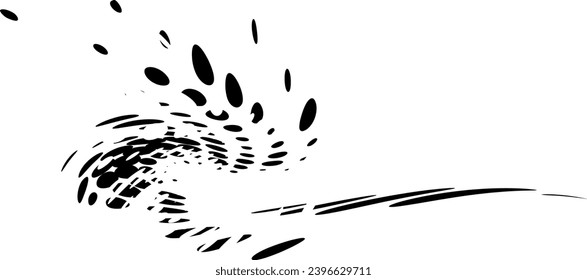 El marco de barrido con punteado con salpicaduras negras sin torsión y superposición de contornos de salpicaduras translúcidos y perforados giró alrededor del eje. Vector. Para logotipos, marcas comerciales, emblemas. Espacio para copiar texto.