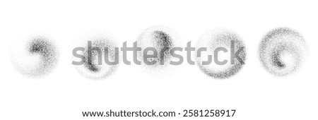 Dotted swirl gradient shapes. Black stippled spiral object set. Grainy spray circles collection. Noise wave splashes and splatters forms. Dissolving sand dust texture. Vector fading halftone elements
