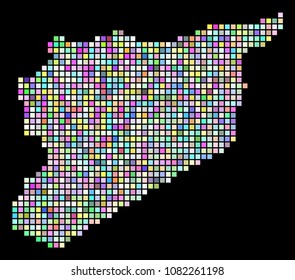 Dotted Syria Map. Vector geographic map in randomized colors on a black background. Vector pattern of Syria Map combined of regular square particles.