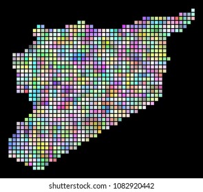 Dotted Syria map. Vector geographic map in smoothed arbitrary colors on a black background. Vector composition of Syria map made of regular dots.