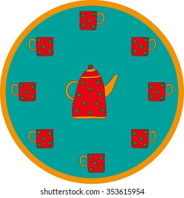 Dotted teapot and cups on blue background. Bright coaster. Vector illustration