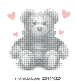 Dotted teddy bear
toy with hearts on white background. Modern vector illustration.