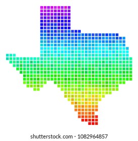 Dotted Texas map. Vector territory map using bright spectrum color tints with vertical gradient. Colored vector concept of Texas map constructed of rectangle points.