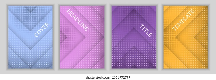 Dotted texture and arrow direction background corporate cover page layout batch. Bright banners vector design. Contemporary booklet front pages. Advertisement flyers set.