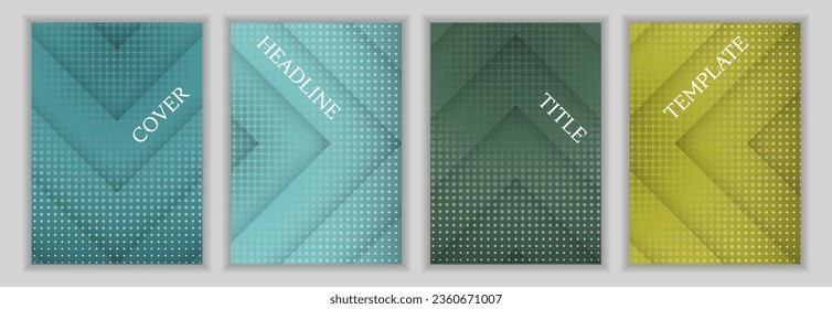 Dotted texture and arrow direction background corporate cover page template set. Minimalist posters vector design. Contemporary book front pages. Announcement brochures set.