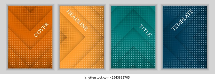 Dotted texture and arrow direction background corporate cover page layout batch. Bright brochures vector design. Geometric book front pages. Commercial banners set.