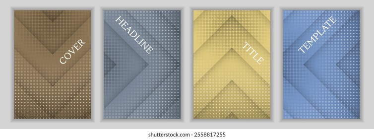 Dotted texture and arrow direction background corporate cover page template batch. Simple posters vector design. Geometric book front pages. Commercial brochures batch.