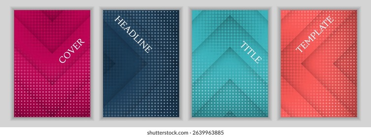 Dotted texture and arrow direction background corporate cover page template batch. Minimalist banners vector design. Contemporary booklet covers. Promotion posters collection.