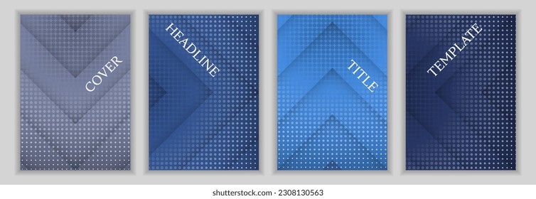 Dotted texture and arrow direction pattern business cover page template set. Minimalist banners vector design. Contemporary book front pages. Advertisement brochures collection.