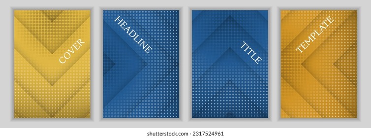 Dotted texture and arrow direction pattern business cover page template set. Elegant banners vector design. Contemporary catalog front pages. Announcement brochures batch.